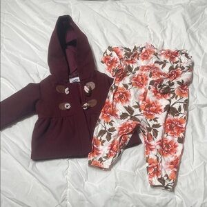 Burgundy Hooded Coat and Floral Baby Outfit